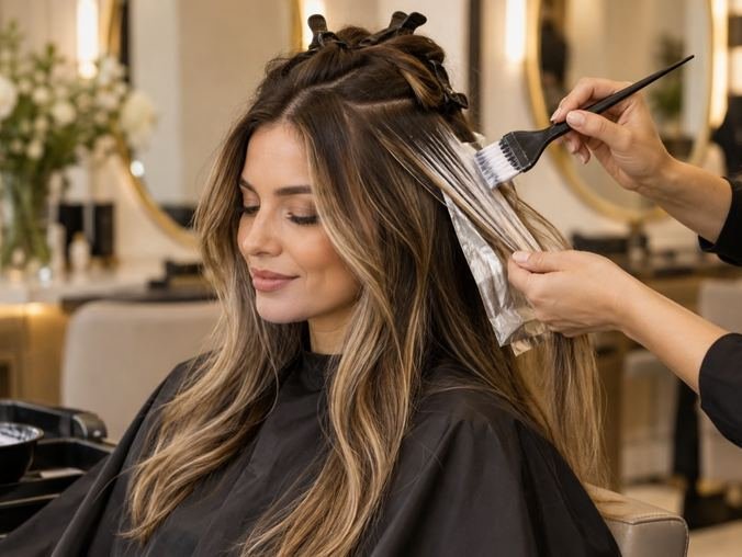 Balayage highlights being applied