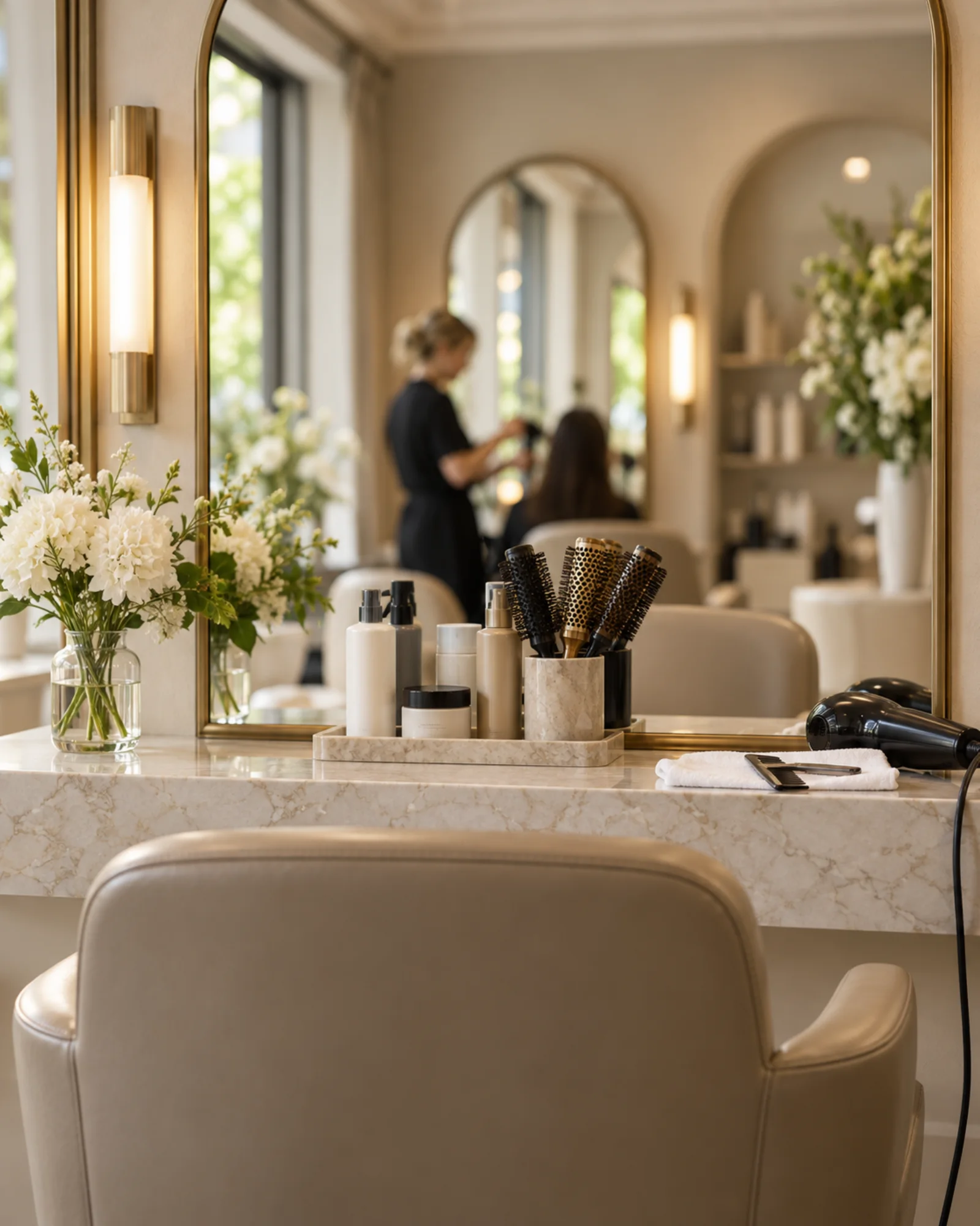 A carefully prepared cream and brass salon station